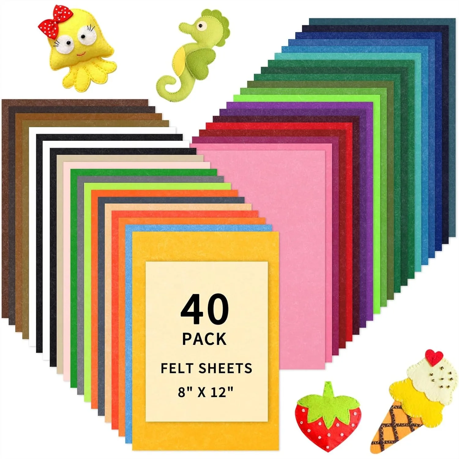 

40pcs Stiff Felt Sheets For Crafts 8x12 Inches Assorted Colors 1mm Thick Fabric Pack For Sewing Halloween Christmas Decor