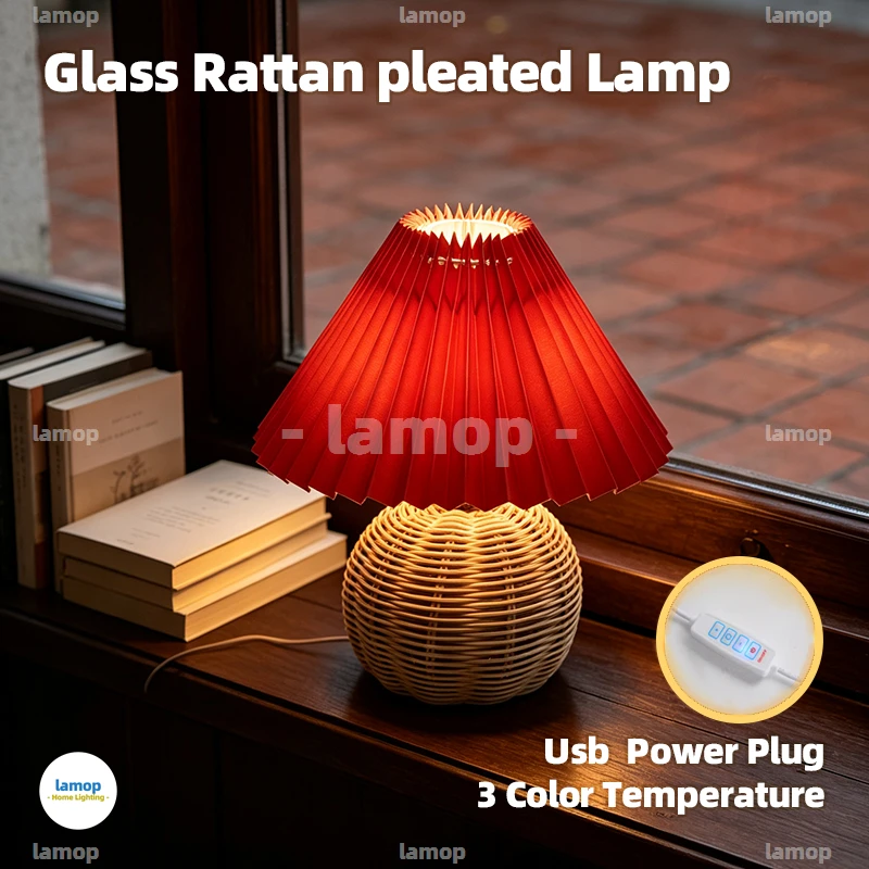 Handwoven Cone Rattan Table Lamp Adjustable Light Mode Country Style Lamp For Reading Nook Guest Room Layout Decor