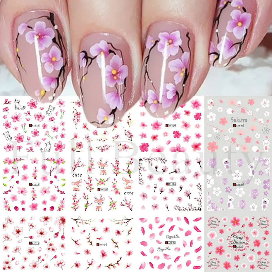 

Наклейки для ногтей Sakura, 12 шт., розовые вишневые цветы, весенний цветок, лист, водные переводки для маникюра, слайдер, украшения для ногтей