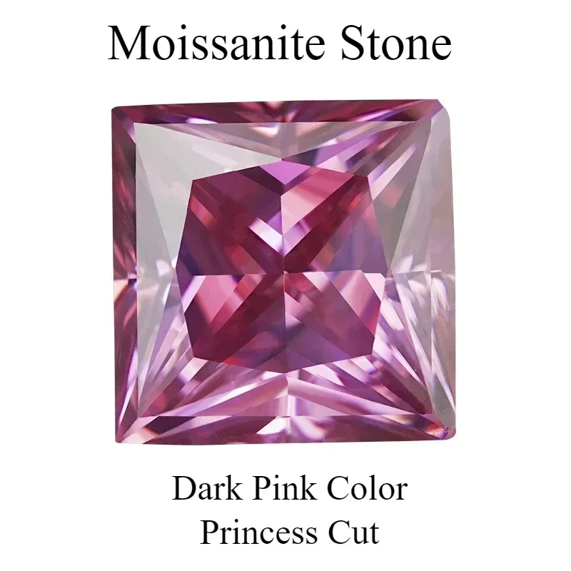 

Moissanite Stone Dark Pink Colour Princess Cut Gemstone Lab Created Diamond Jewelry Rings Earrings Making With GRA Certificate