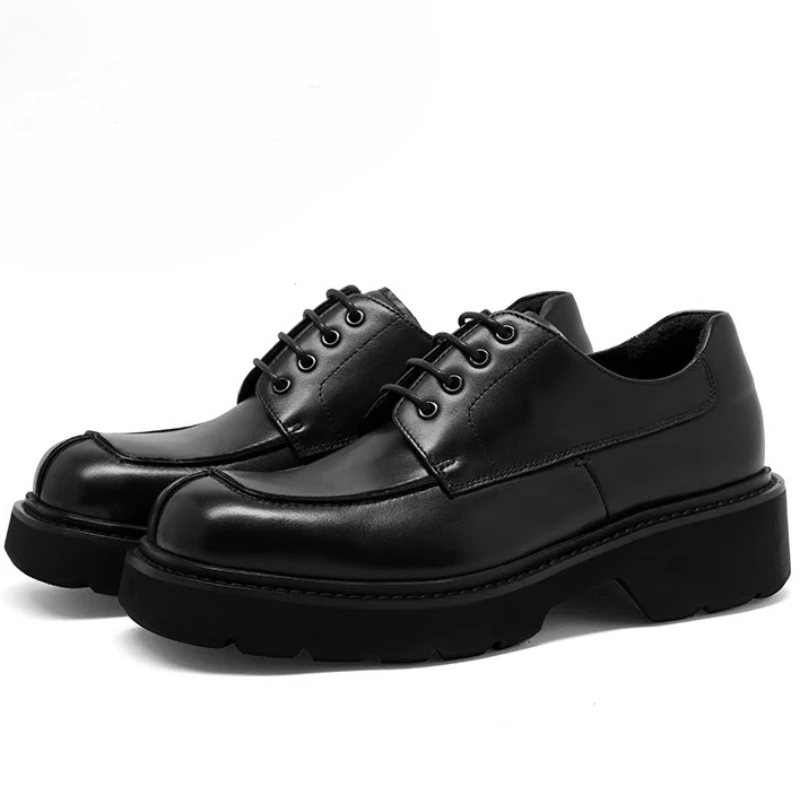 Square Head Dress Derby Shoes for Men's Comfortable Height Increasing Shoes Genuine Leather Breathable Casual Leather Shoes Male