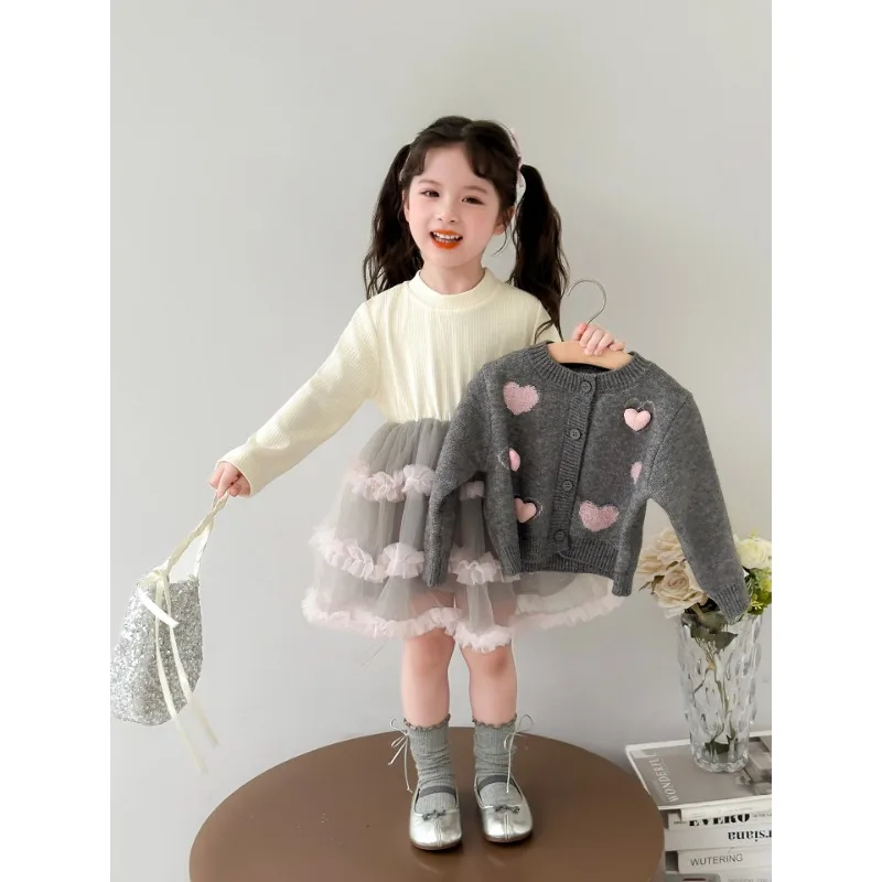 فستان الفتيات الربيع والخريف 2025 جديد للأطفال سترة مشغولة من الصوف الغزل تنورة مجموعة ، الفتيات الصغيرات فستان الخريف سترة تنورة #4