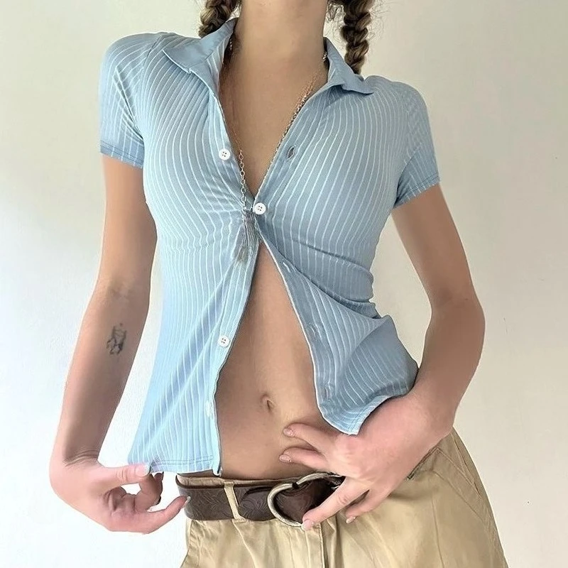 2025 Summer Casual Pure Color Striped Shirt Retro Elegant Office Lady Sexy Slim Y2k Crop Tops Korean Fashion Colthing Harajuku
