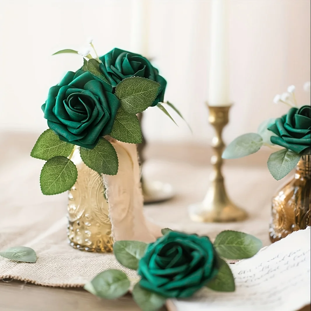 Artificial Flowers 25pcs Real Looking Emerald Green Foam Fake Roses with Stems for DIY Terracotta Wedding Bouquets Bridal Shower