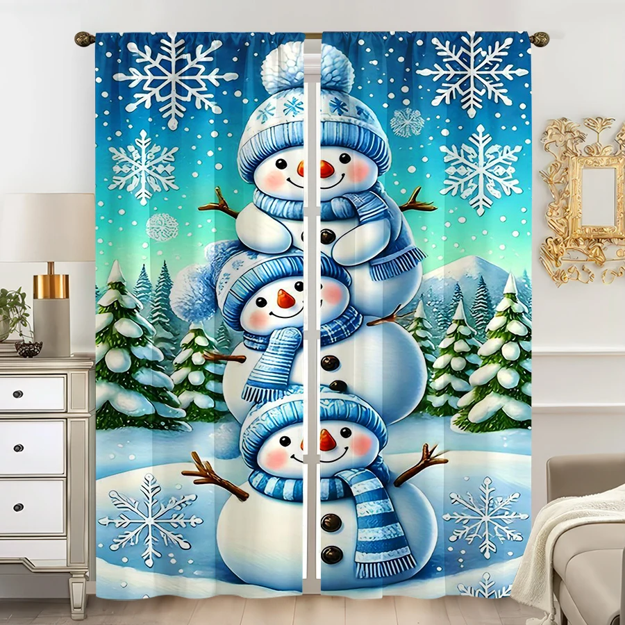2PCS Digital Print Curtain, Three Stacked Snowmen with Blue Hats and Scarves, Snowy Pine Trees and Mountains, for Bedroom Decor