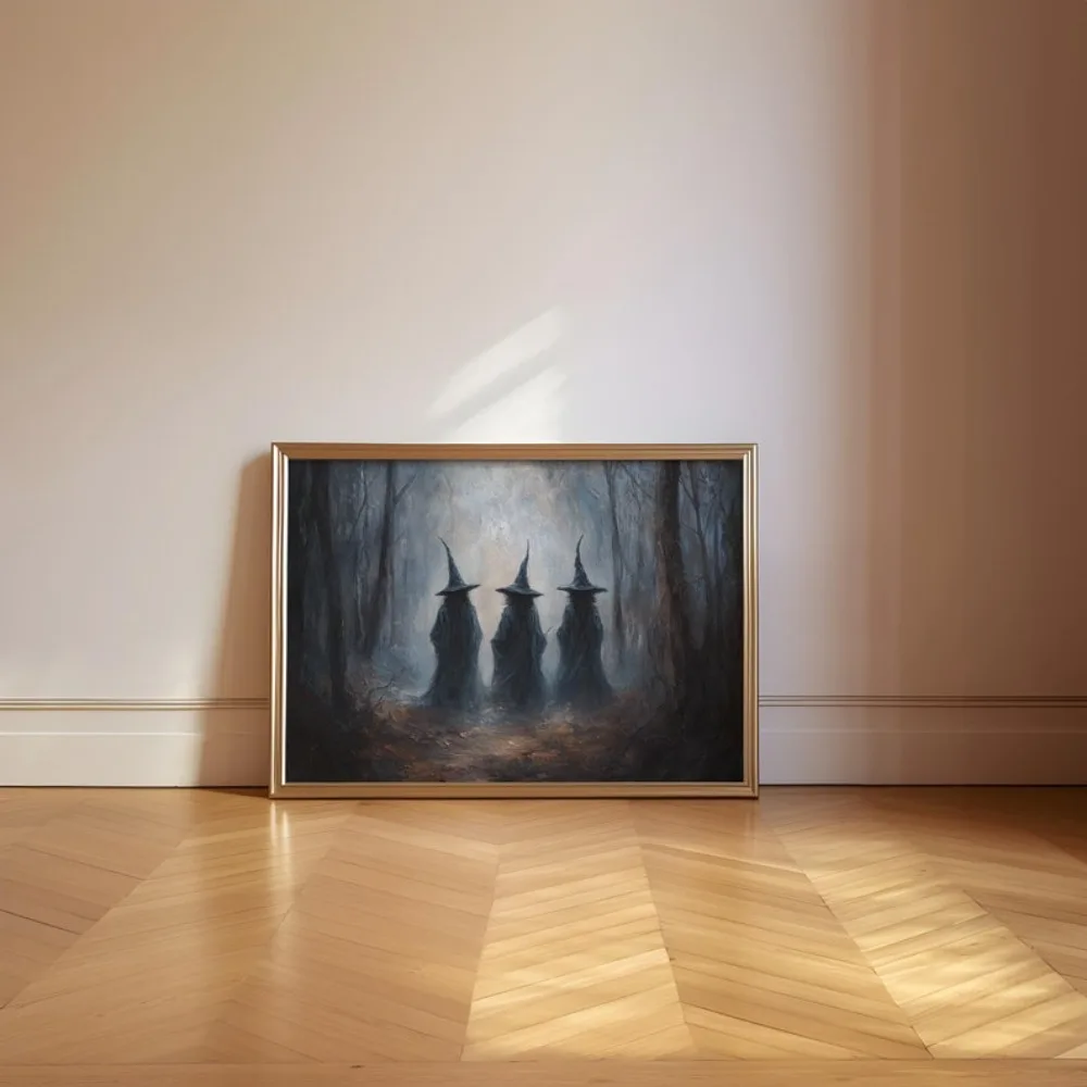 1 Piece of Frameless Witch in The Woodland Art Printing/Dark and Charming Witch in The Woods,Mysterious Halloween Witch Sisters