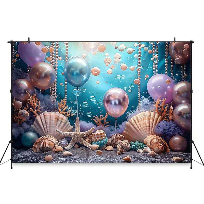 Mermaid Photography Backdrop Bluey Underwater World Purple Shell Starfish Balloon Birthday Decorations Background Photo Studio