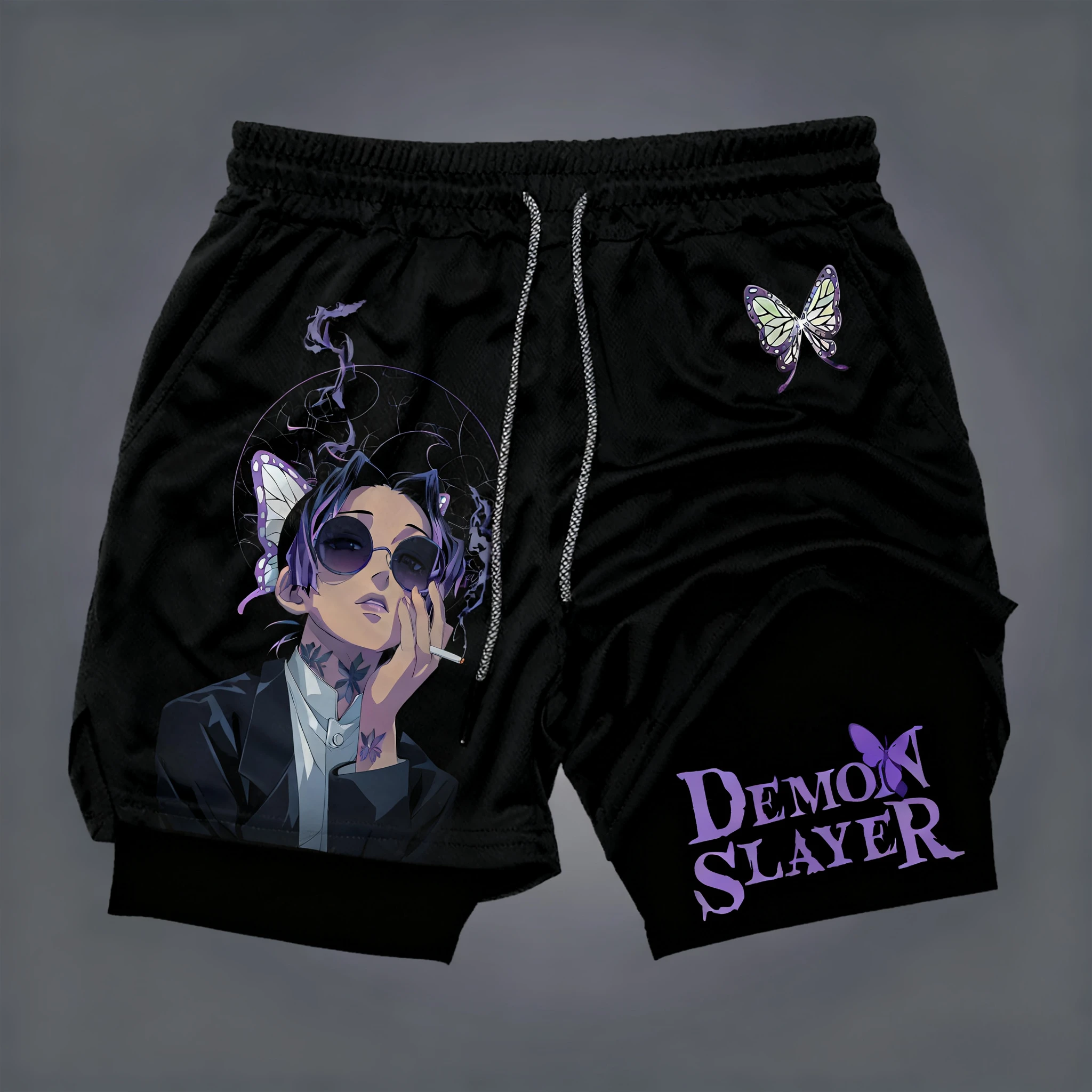 Celana Pendek Berlapis Ganda Motif Anime Demon Slayer, Celana Pendek Longgar dan Modis untuk Pria dan Wanita untuk Kebugaran Musim Panas ala Amerika