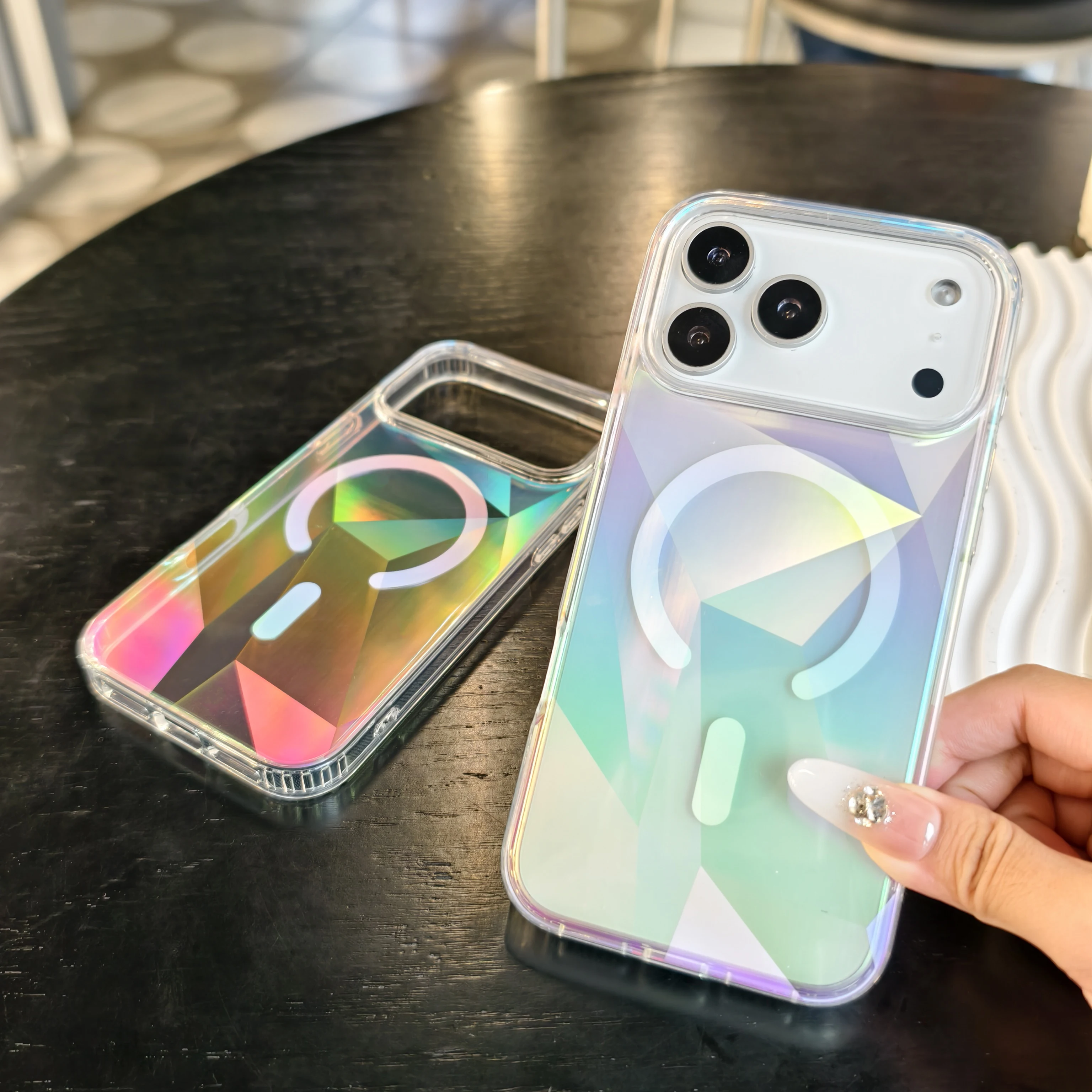 

For iPhone 17 16 15 14 13 12 ProMax with Magsafe Transparent Pretty Rainbow Feather Diamond Pattern Shining Magnetic Phone Case