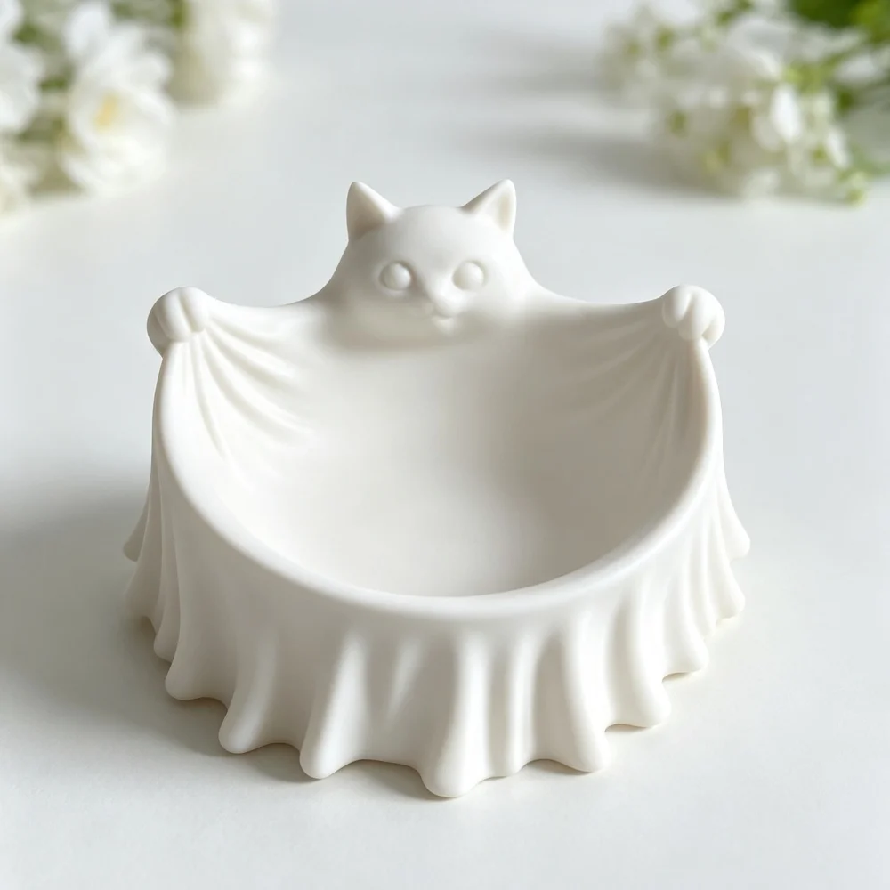 3D Printed Minimalist white cat basket for storefront cashier reception desk and restaurant entrance decoration