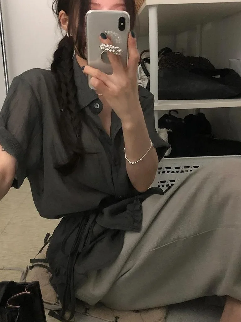 2025 moda mujer elegante verano textura sensación Micro cinturón transparente cintura superior reflectante antienvejecimiento irt camisa ligera