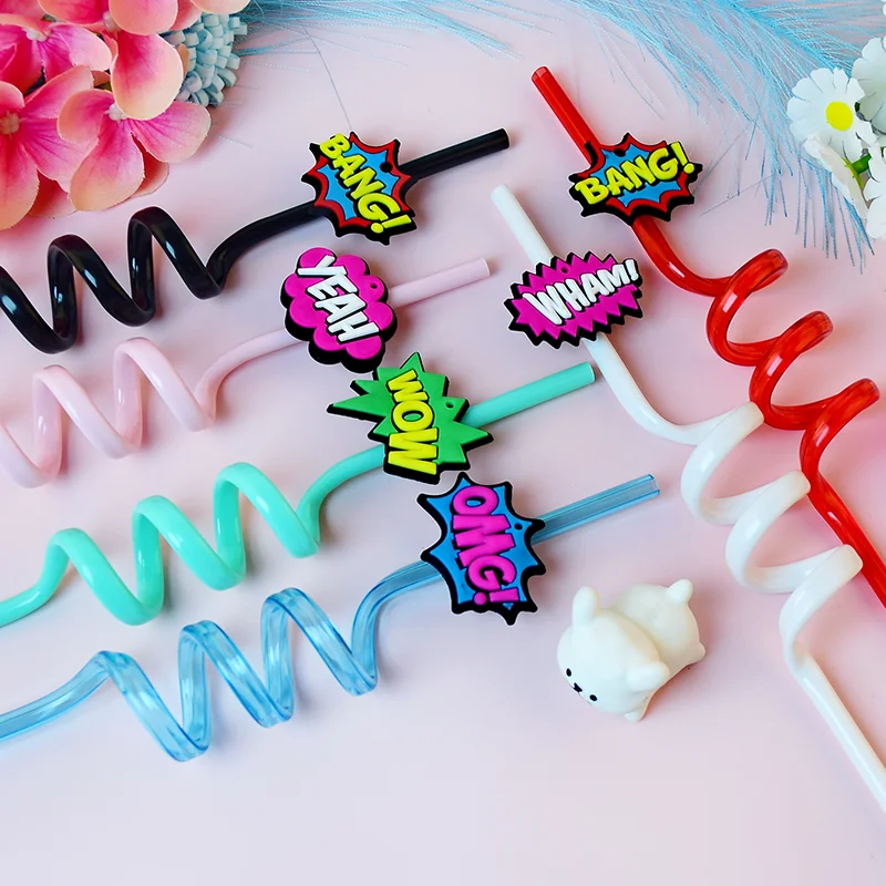 10-pack of decorative spiral straws. Reusable. Perfect for birthdays, bars, weddings, parties, and other occasions.