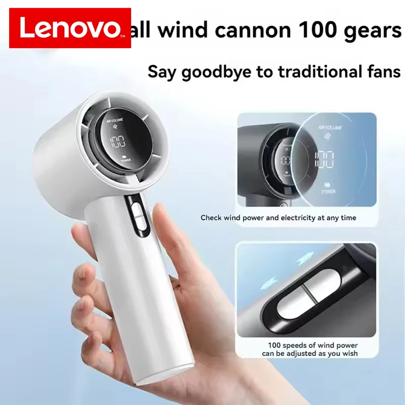 

Lenovo Ultra Quiet Handheld Fan, 100 Speed ​​USB Rechargeable Portable Mini Turbo Fan for Office and Travel with LED Indicator