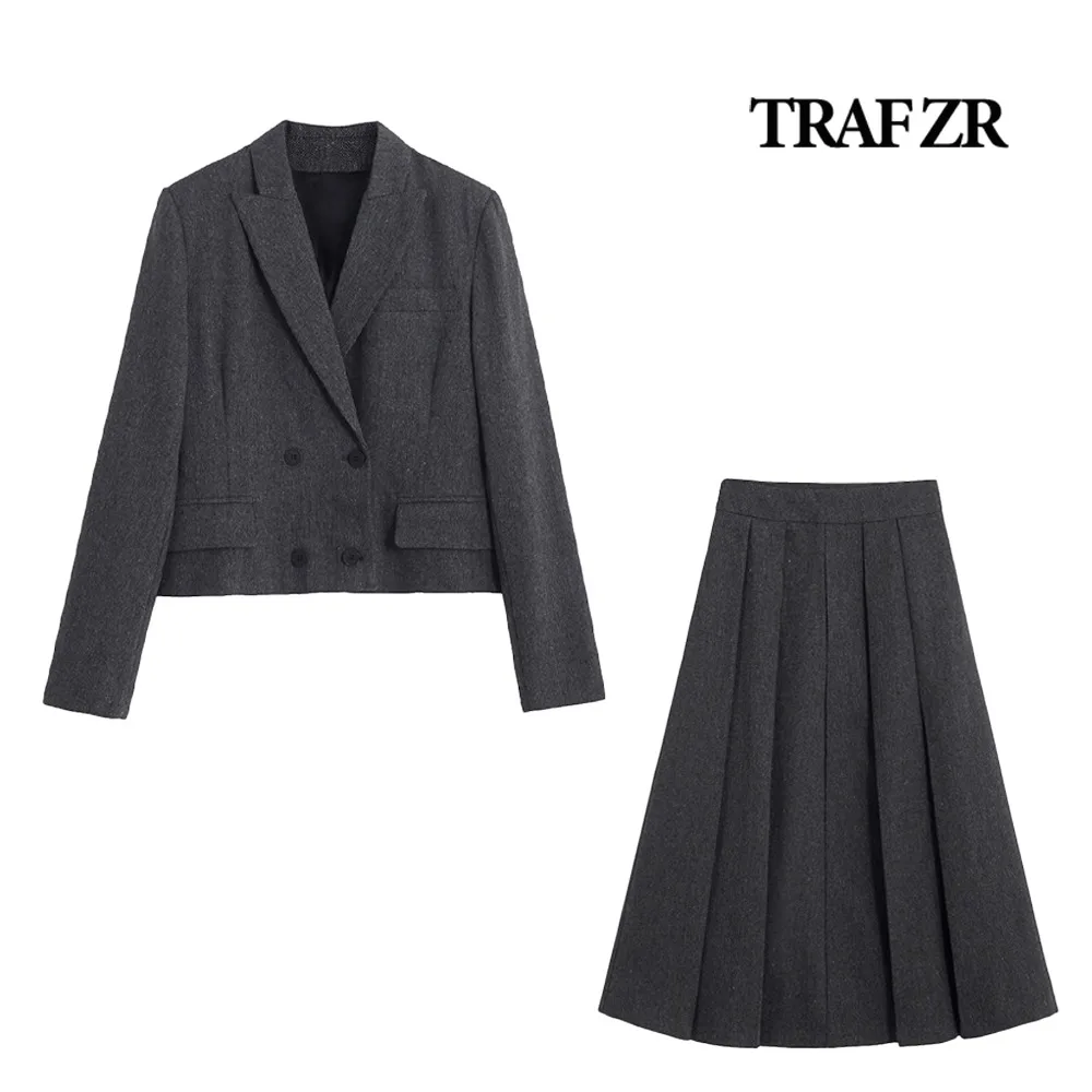 TRAF ZR Comboset Elegant Women's Hottest Set Herringbone Blazer with Double Breasted Button Matching A-line Box Pleat Midi Skirt