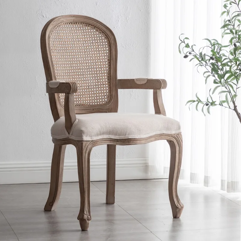 Solid wood retro home restaurant dining chair cafe backrest stool rattan American simple country makeup chair hollow