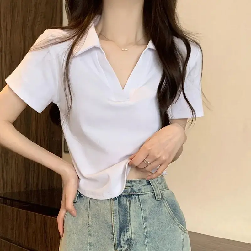 

Summer Solid Short Sleeve Women V Neck Polo T Shirts Fashion All-match Casual Oversized Slim 2023 Sexy Tops Green White Black