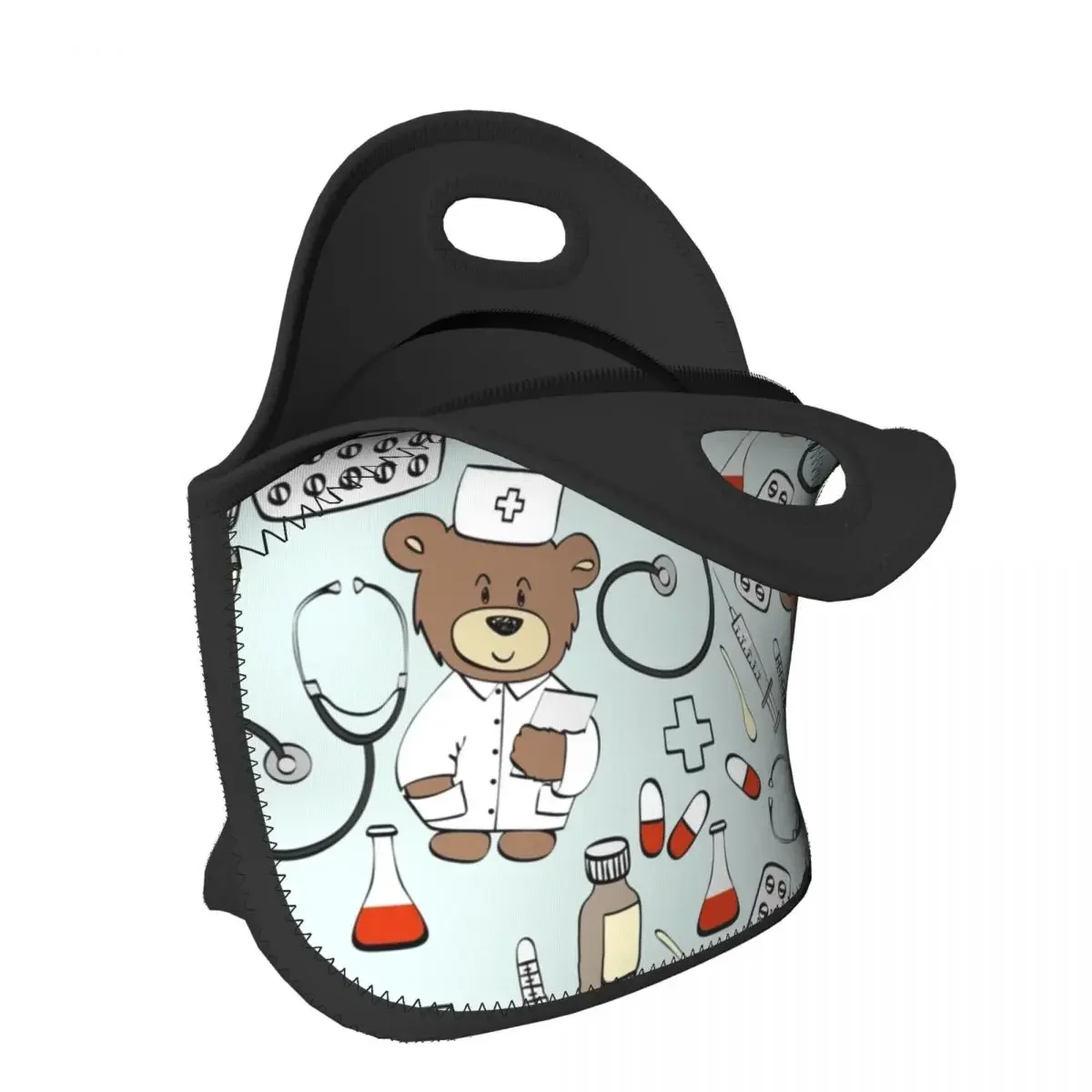 Nurse Pattern With Bear Neoprene Insulated Lunch Bag for Women Health Care Nursing Cooler Thermal Lunch Box Office Picnic Travel