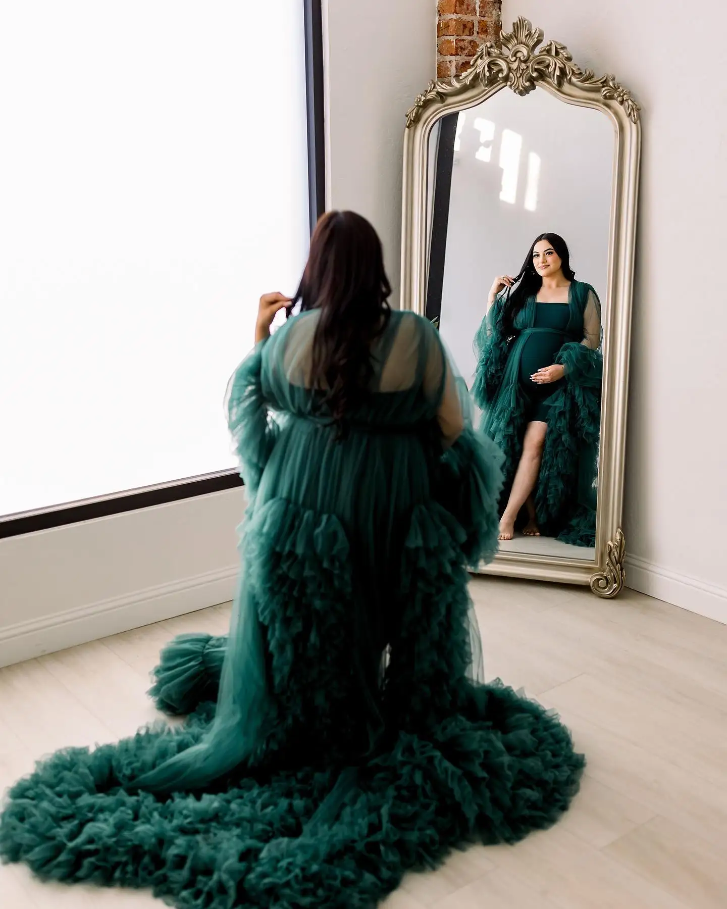 Dark Green Maternity Dresses for Photo Shoot Robe Puffy Mesh Tulle Kimono Pregnant Full Sleeves Custom Made Prom Dress With Belt