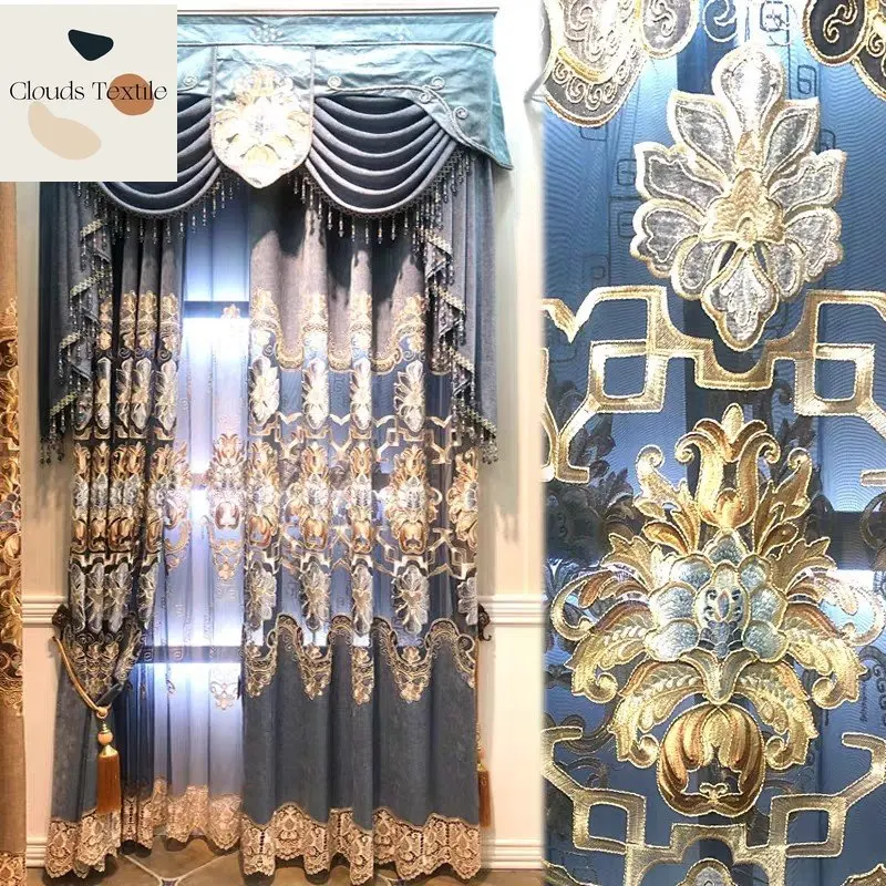 Atmospheric European-style villa rope embroidery living room bedroom balcony velvet hollow blue embroidery curtain screen