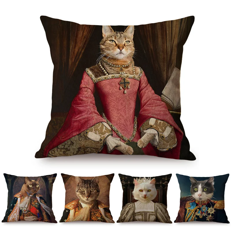 

Cat Style General Portrait Funky Home Decor Sofa Pillow Case Animal Imitate Famous Oil Painting Art Cotton Linen Cushion Cover