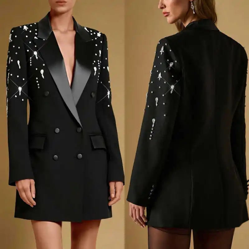 

Fashion Women's Double Breasted Blazer Coat Long Sleeve Crystals Office Ladies Work Jacket Customized One Piece