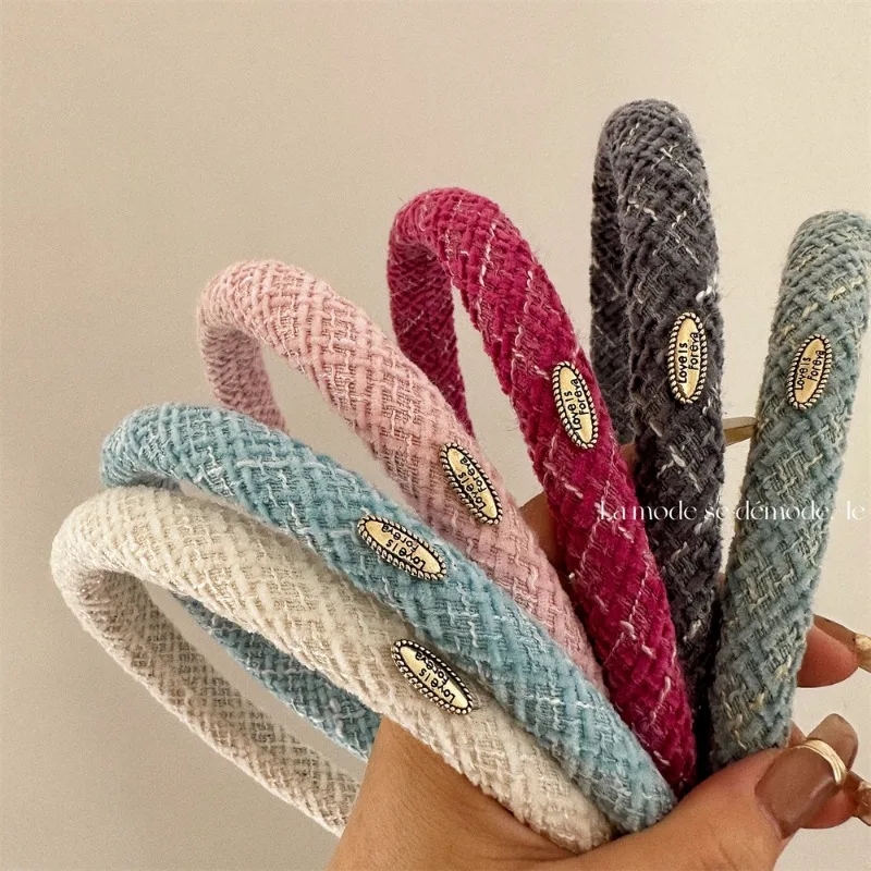 Woolen plaid narrow edition hair band elliptical gold label Korean texture headband hair hoop daily versatile hair accessories