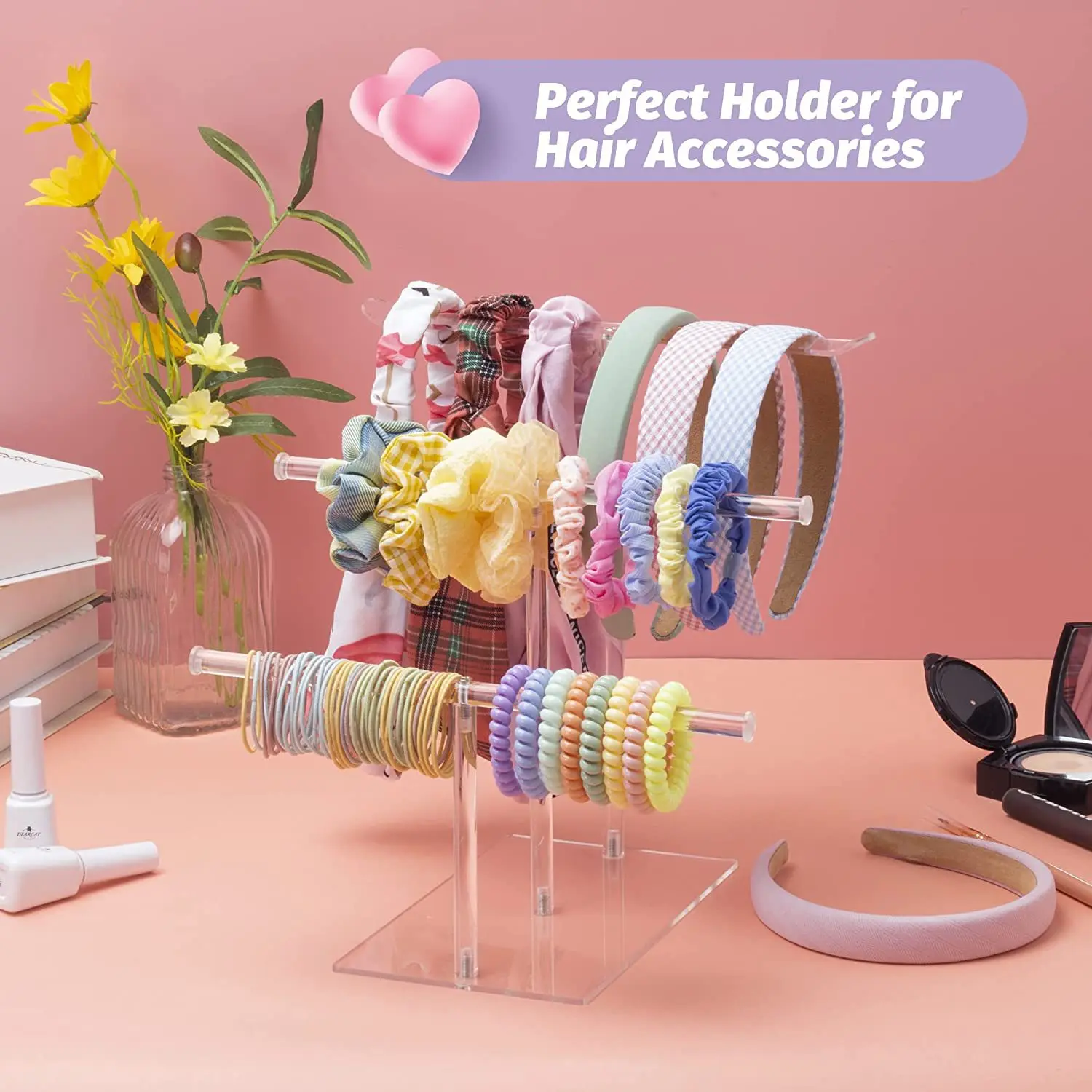 3mm Transparent Acrylic Hair Band, Hair Tie, Necklace And Bracelet Display Stand, Three-layer T-bar Desktop Storage Rack