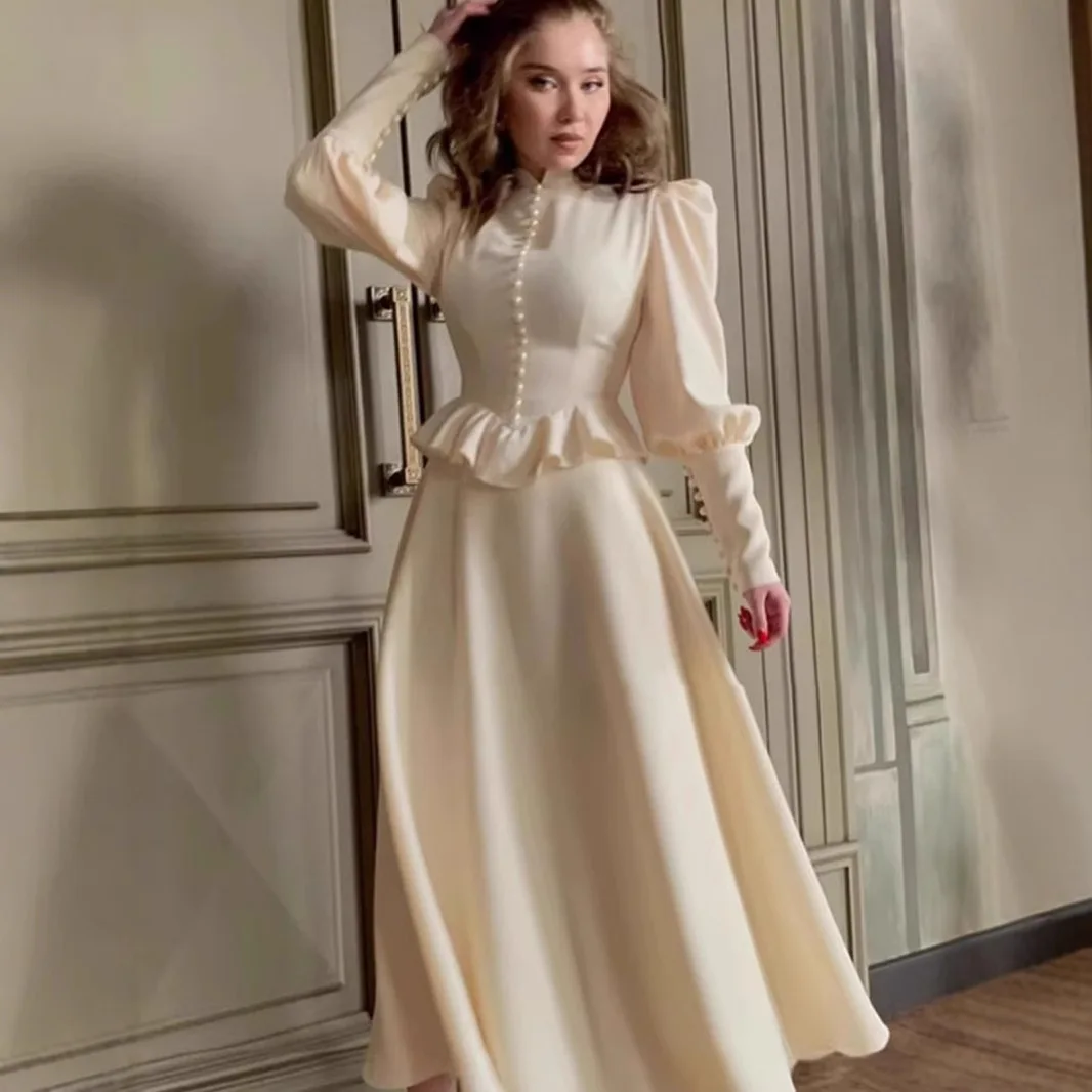 

It's Yiiya Modest Evening dress Champagne High Modest Collar Full Sleeves Button A-line Floor Length Plus size Woman Party Gown