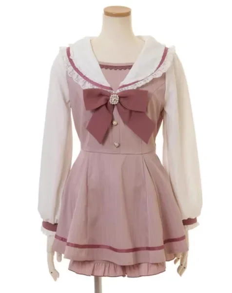 Rojita japanischer Seemann Kragen Langarm Kleid für Frauen Frühling Sommer süße Lolita Schleife Kleid Shorts Anzug zweiteiligen Damen Set