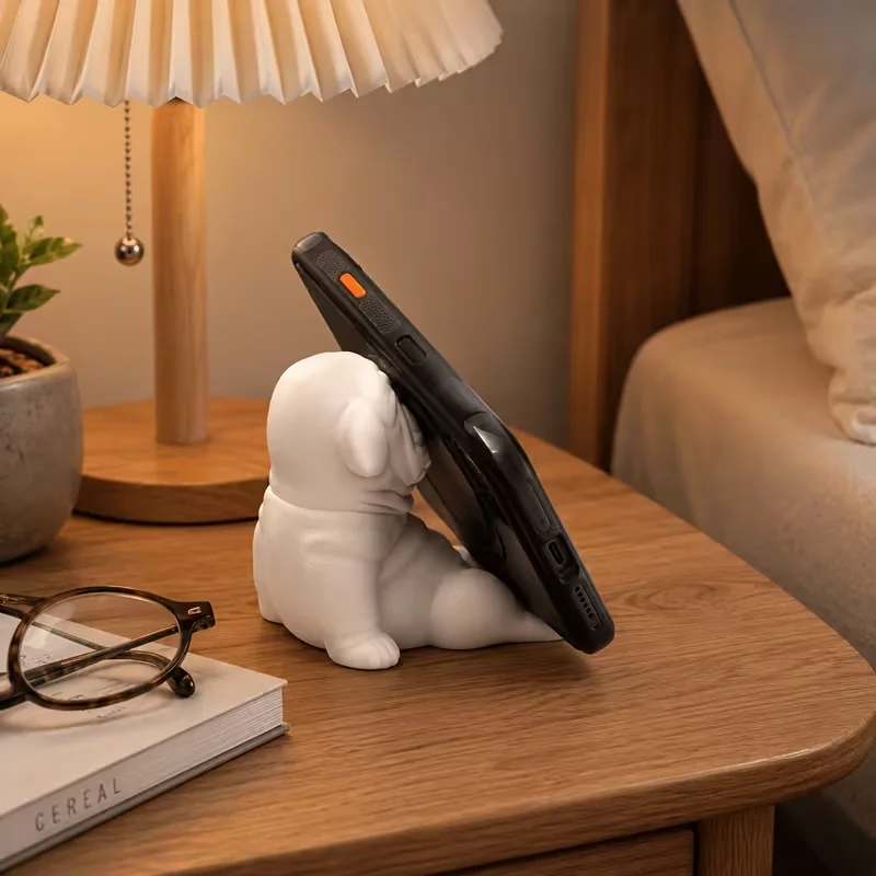 3D Printed Sitting Bulldog Phone Holder White Cute Pug Figurine Desktop Cell Phone Stand Office Table Decor Pet Lover Gift