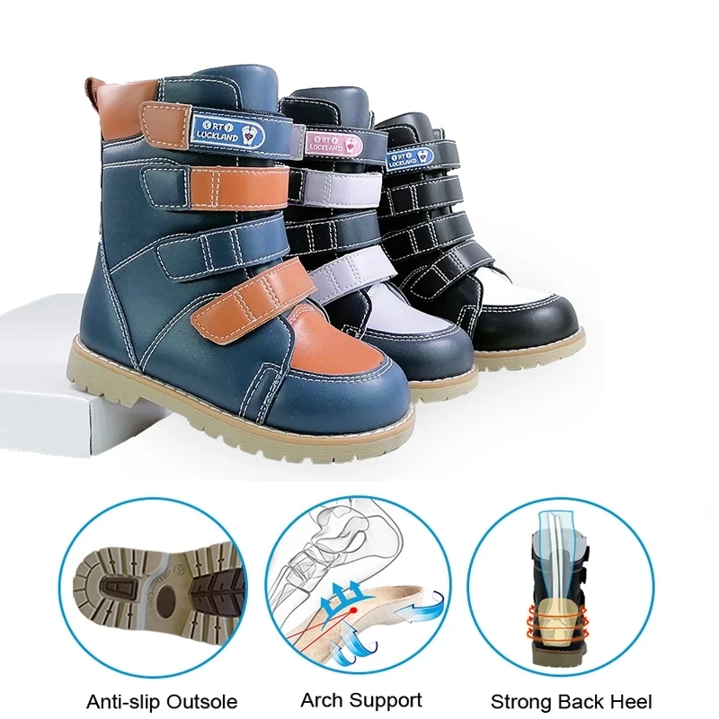 Ortoluckland Winter Boys Children Boots High Top Orthopedic Shoes For Kid Leather Clubfoot  With Removable Arch Support Soles