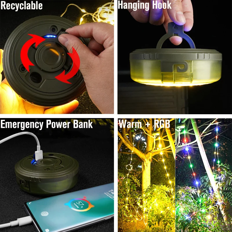 2-in-1 Rechargeable Camping Lamp Recycalable String Light Outdoor Tent Lantern RGB Atmosphere Strip Light for Tent Room Decor