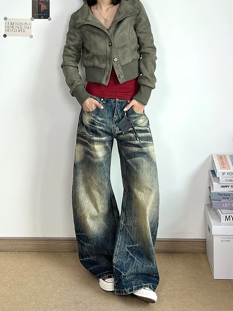 

Large Size American Vibe Washed Vintage Mustache Jeans Women's Loose Drapey Wide Leg Casual Floor-Length Pants