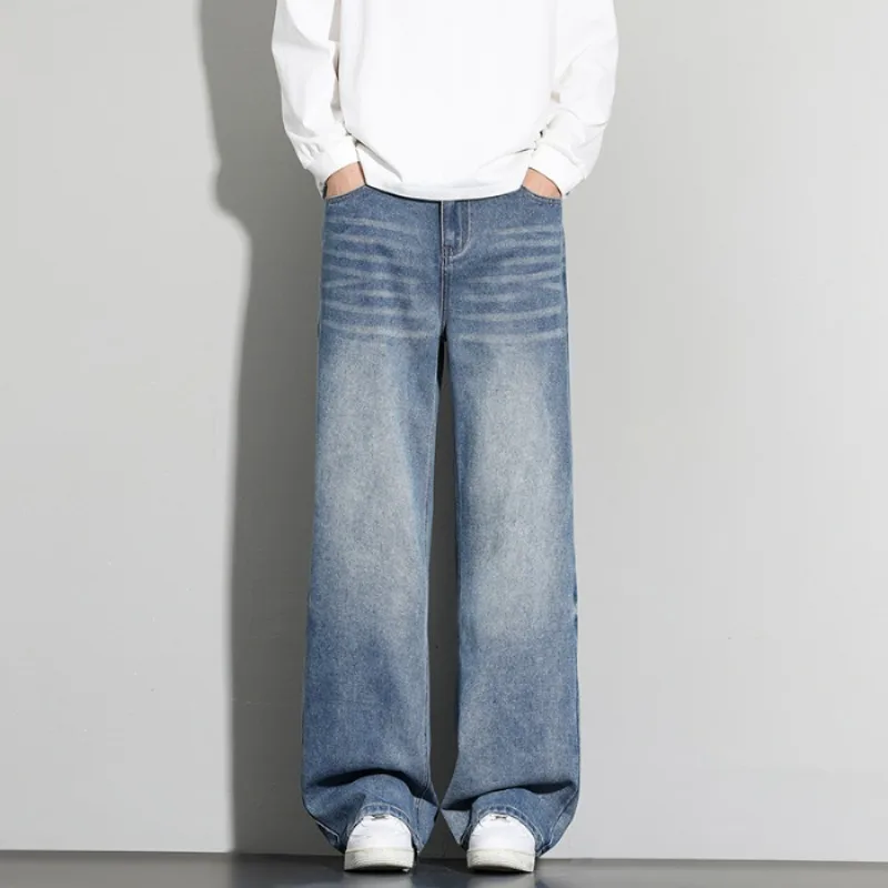 OIQERE Mens 2026 New American Style Washed Curved Cut Jeans Loose Wide Fit Casual Streetwear Denim Trousers