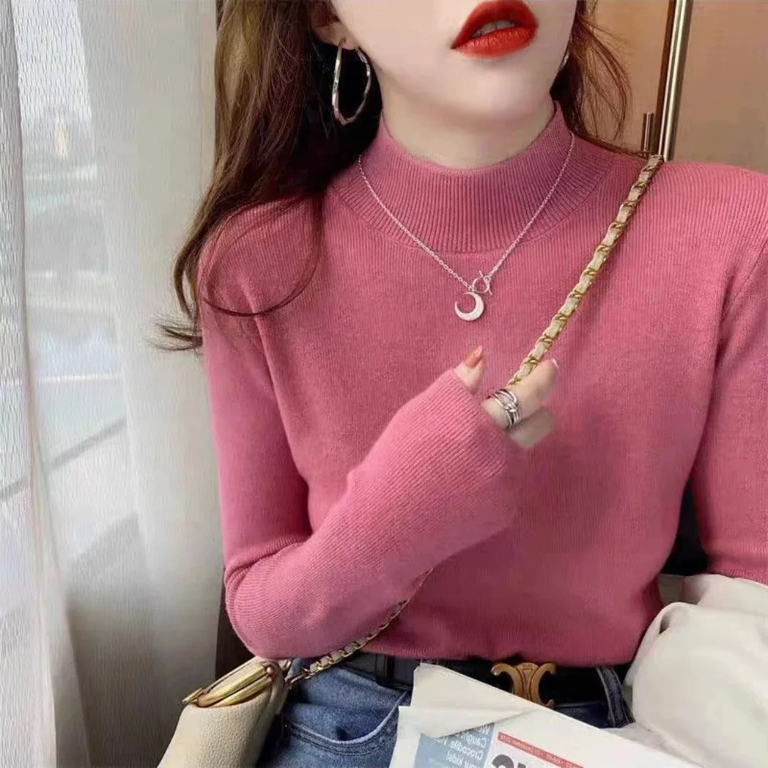 

Autumn Winter Mock Neck Women Sweater Vintage Basic Solid Knitted Korean Tops Casual Slim Pullover Sweaters Simple Chic Jumpers