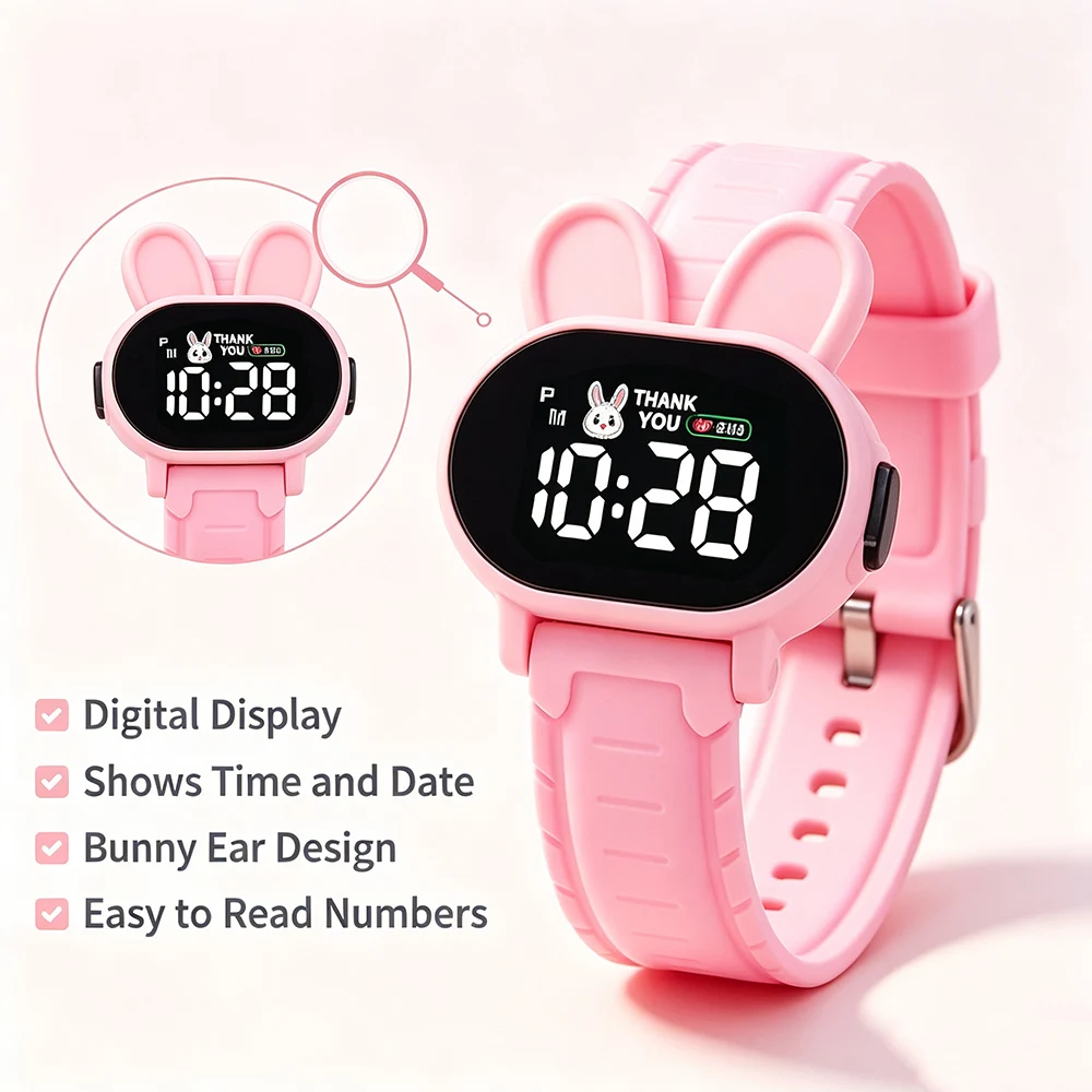 Pink Bunny Digital Kids Watches with LED Time Display Soft Silicone Sports Wristband Cute Cartoon Rabbit Children Watch Girls