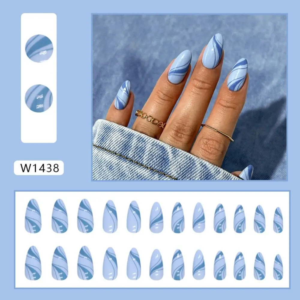 

Manicure Long False Nails French Blue Strips Press on Nails Almond Detachable Nail Tips Women