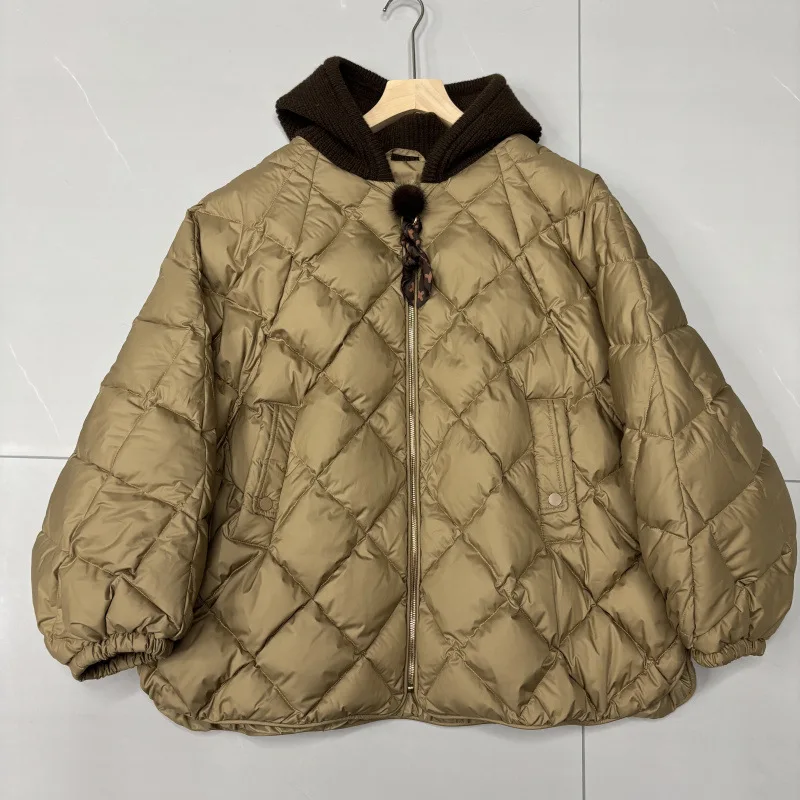 Nouveau automne hiver à capuche diamant grille blanc canard vers le bas Parka mode tricoté chapeau doudoune pour les femmes