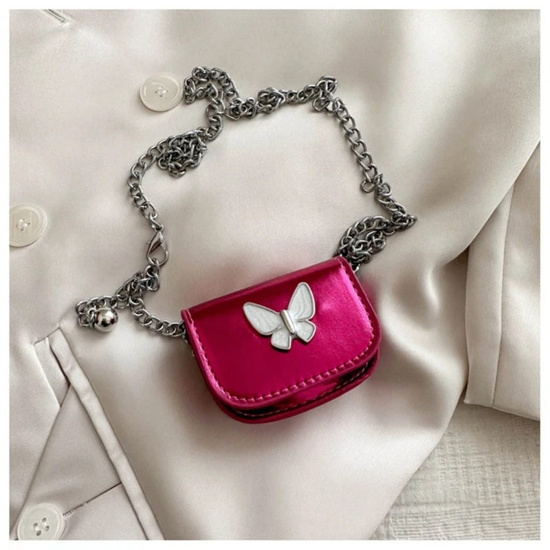 Fashionable Chain Crossbody Mini Bag for Lipstick Butterfly PU Leather Evening Coin Purses Earphone