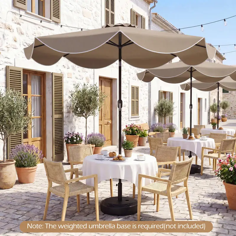 9 Ft Scalloped Solar Patio Umbrella With 24 Led Lights, Market Outdoor Umbrella With Metal Ribs, Crank And Tilt Sun Shade For Garden, Poolside And Commercial Cafe Use, Tan