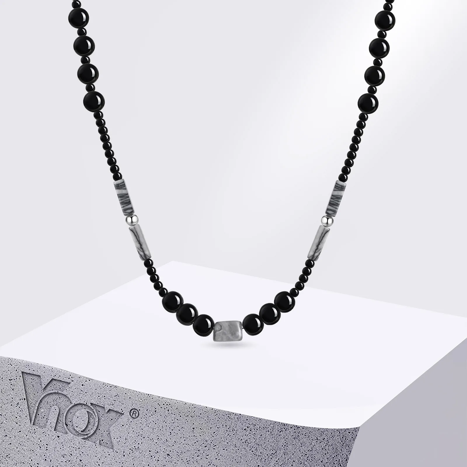 Vnox Gothic Black Natural Stones Beads Beaded Necklaces, Unisex Grey Bar Tube Beads Chain Collar, Women Men Jewelry