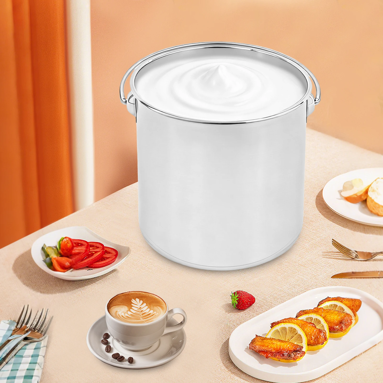 Seau en acier inoxydable de 12 L, seau alimentaire, cuisine, gastronomie, construction, seau à lait, seau de jardin avec poignée de transport + couvercle