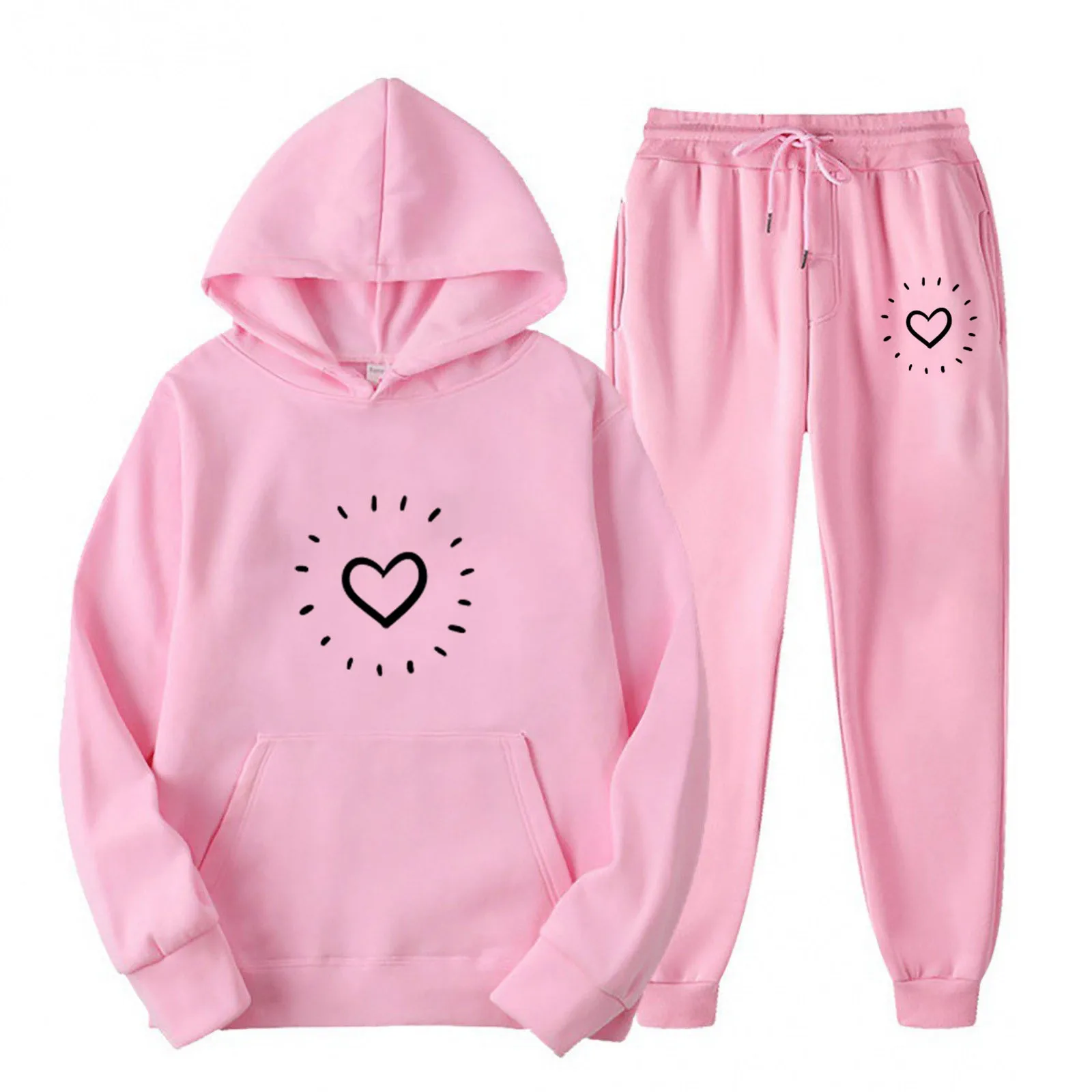 Winter Women's Hooded Sweatshirt Set Loose Solid Color Love Heart Plus Velvet Casual Tracksuit Petite Pant Suit for Women