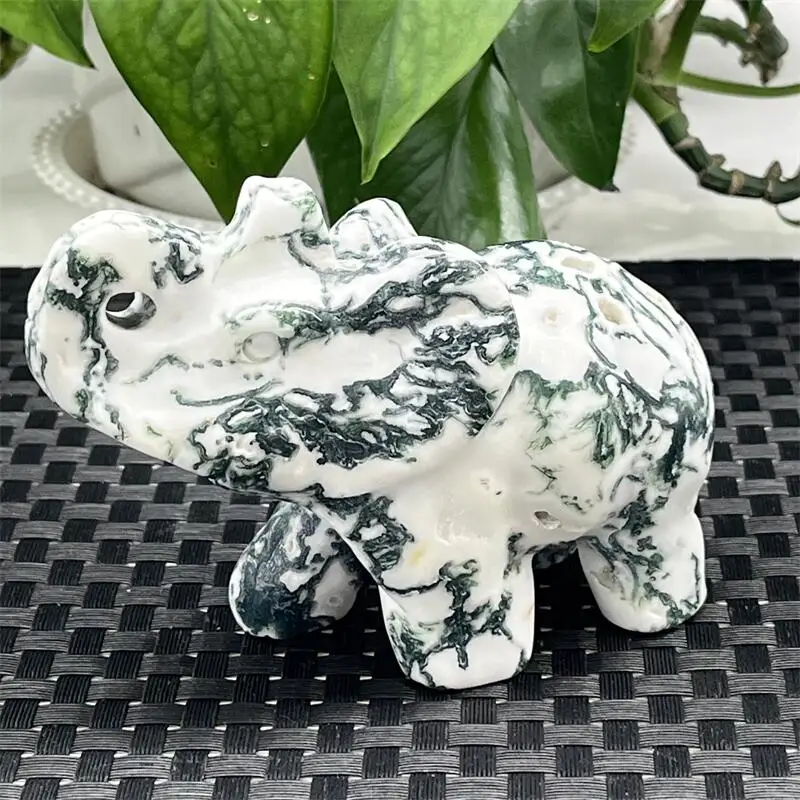 

Натуральный Мох Агат Слон Резьба Животное Исцеляющий Энергетический Камень Коллекция Драгоценных Камней Фэншуй Украшение Дома 1 Шт.
