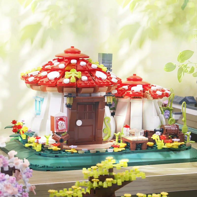 Blocs de construction de maison de champignon de conte de fées, 1100 pièces, Architecture de Village, Micro briques à assembler, jouets MOC, cadeau de noël pour fille