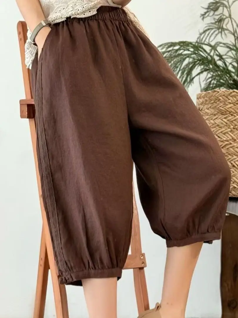 Summer Cotton Linen Loose Lantern Pants Women's Simple Versatile  Color Shorts plus Size Vintage Five-Point Harem Pants