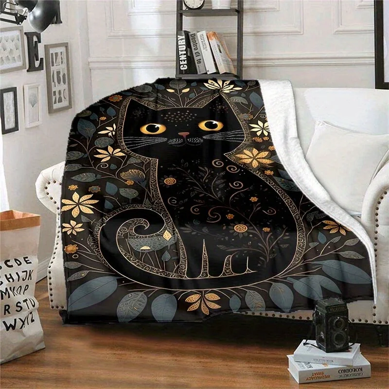 

Charming Cartoon Flowers & Black Cat Art Flannel Throw Blanket for Office Chair Cozy Polyester