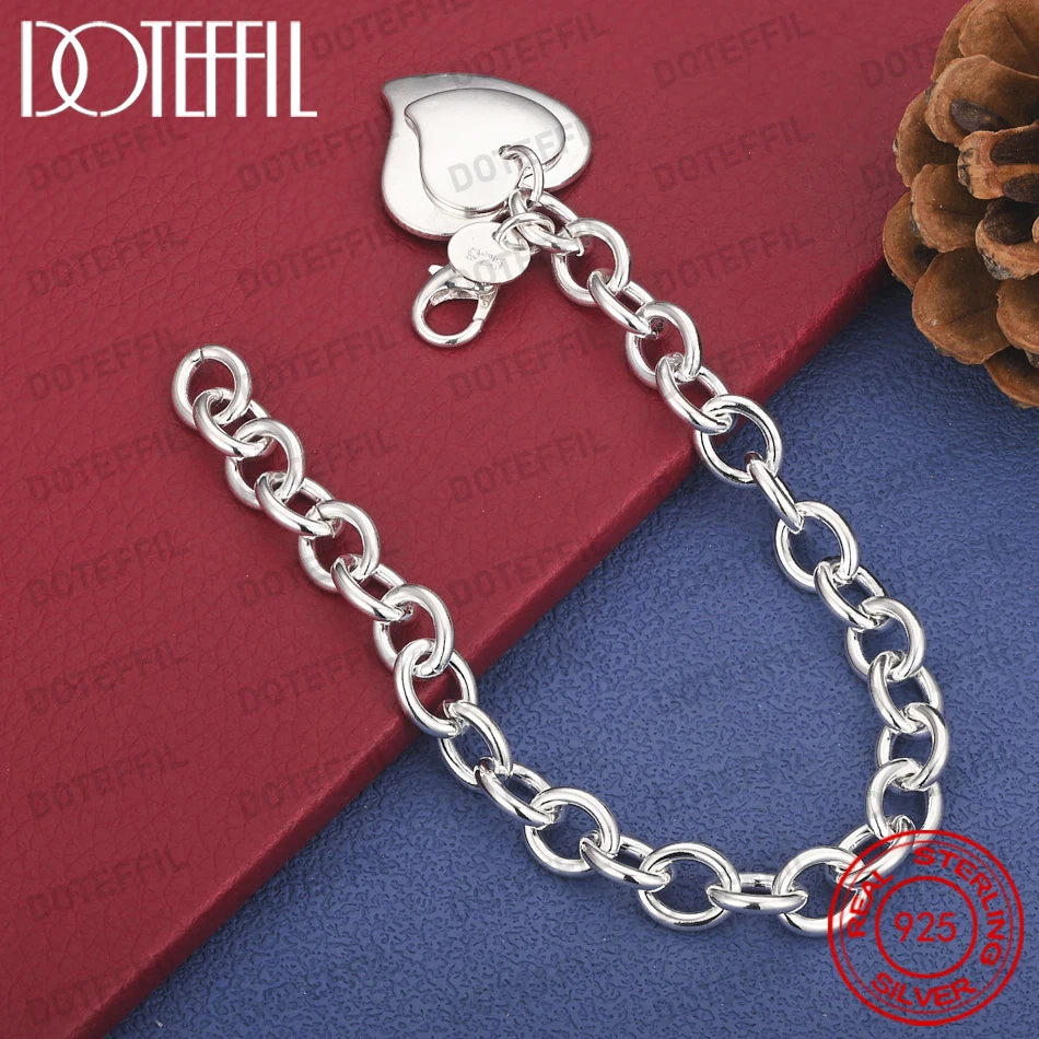 

925 Sterling Silver 8 Inch Double Heart Cuban Chain Bracelet Fashionable Women's Party and Wedding Jewelry