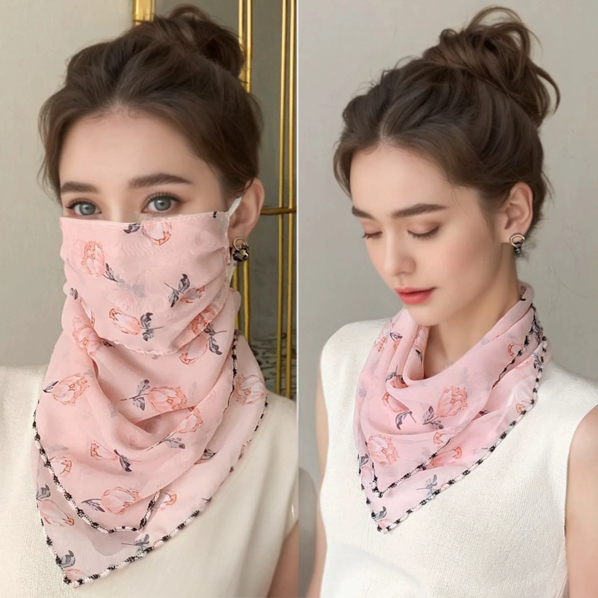 Sonnenschutz-Blumenschal für Damen, verstellbarer Schutz für das Gesicht, Chiffon-Druckmaske, Nackenschutz-Bandana aus Eisseide – Detail 1