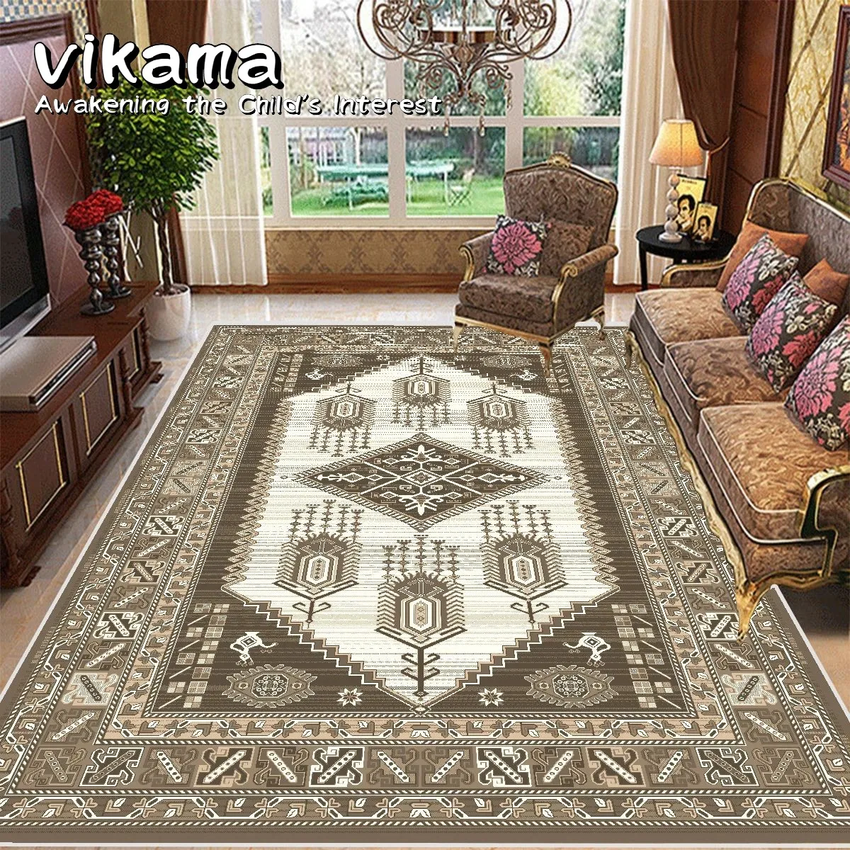 

VIKAMA Persian Style Carpet Ottoman Coffee Table Cushion for Living Room/Bedroom Luxury Floor Mats Non-Slip Home Decorations